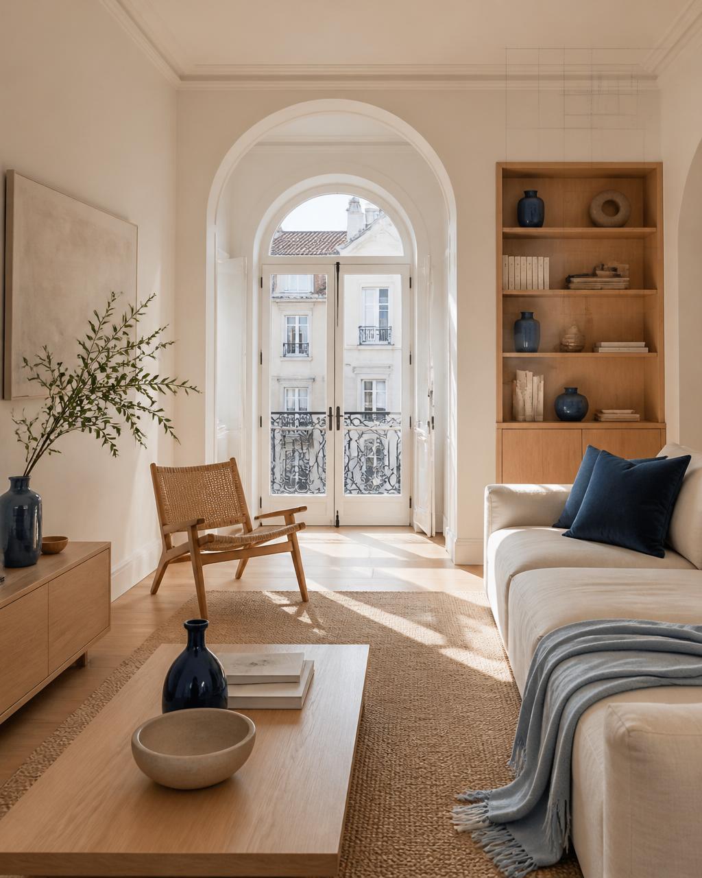 Bright Lisbon living room with light oak furniture, warm off-white walls and deep blueprint blue accents