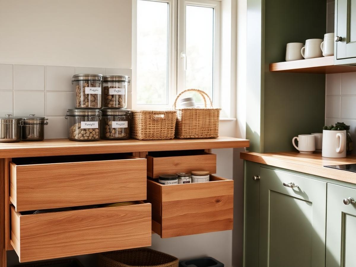 Warm kitchen with labeled drawers and natural baskets